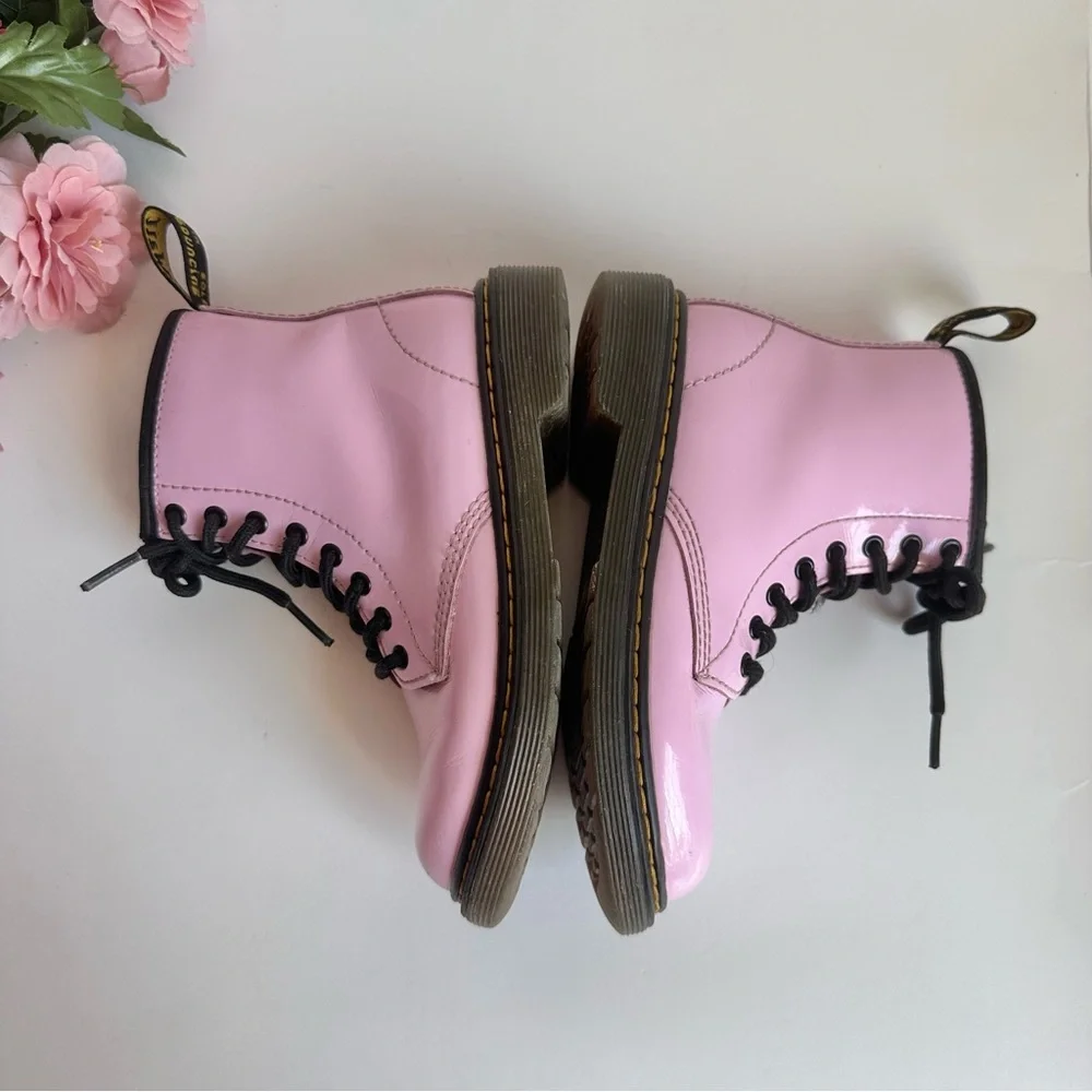 Dr. Martens Lamper 1460J Light Pink Patent Leather Lace Up- Side Zip Girl Boots